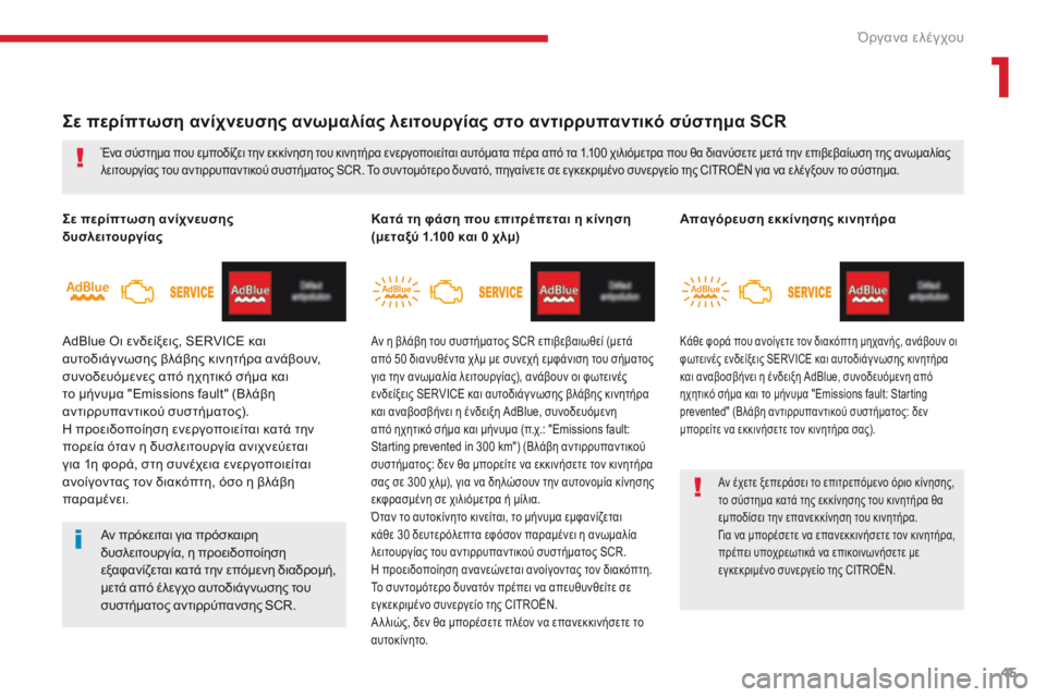 CITROEN C4 SPACETOURER 2018  ΟΔΗΓΌΣ ΧΡΉΣΗΣ (in Greek) 45
C4-Picasso-II_el_Chap01_instruments-bord_ed02-2016
Σε περίπτωση ανίχνευσης ανωμαλίας λειτουργίας στο αντιρρυπαντικό σύστημα SCR
Σε