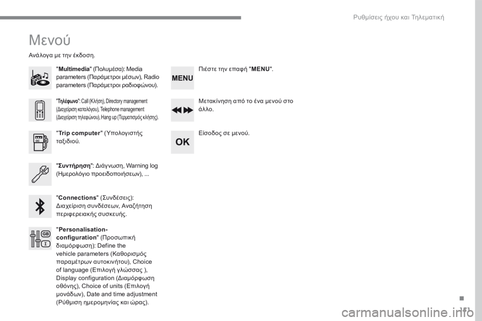 CITROEN C4 SPACETOURER 2018  ΟΔΗΓΌΣ ΧΡΉΣΗΣ (in Greek) 151
.
 Ρυθμίσεις ήχου και Τηλεματική 
Transversal-Citroen_el_Chap03_RD6_ed01-2016
 Μενού 
  "  Multimedia " (Πολυμέσα): Media parameters (Παράμετ�
