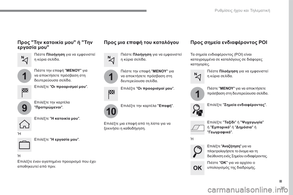 CITROEN C4 SPACETOURER 2016  ΟΔΗΓΌΣ ΧΡΉΣΗΣ (in Greek) 27
.
1
10
1
1
9
 Ρυθμίσεις ήχου και Τηλεματική 
  Ή   
   Προς μια επαφή του καταλόγου  
  Ε π ι λ έ ξ τ ε   "  Οι προορισμοί