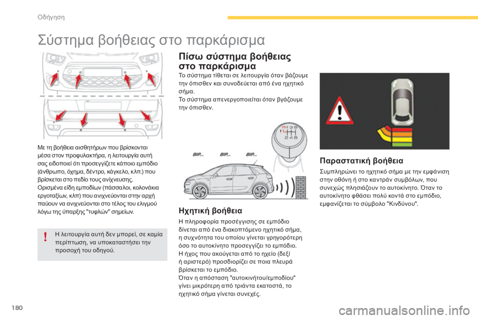 CITROEN C4 SPACETOURER 2015 ΟΔΗΓΌΣ ΧΡΉΣΗΣ (in Greek) 180
C4-Picasso-II_el_Chap04_conduite_ed01-2014
Με τη βοήθεια αισθητήρων που βρίσκονται
μέσα στον προφυλακτήρα, η λειτουργία αυτή
CITROEN C4 SPACETOURER 2015 ΟΔΗΓΌΣ ΧΡΉΣΗΣ (in Greek) 180
C4-Picasso-II_el_Chap04_conduite_ed01-2014
Με τη βοήθεια αισθητήρων που βρίσκονται
μέσα στον προφυλακτήρα, η λειτουργία αυτή