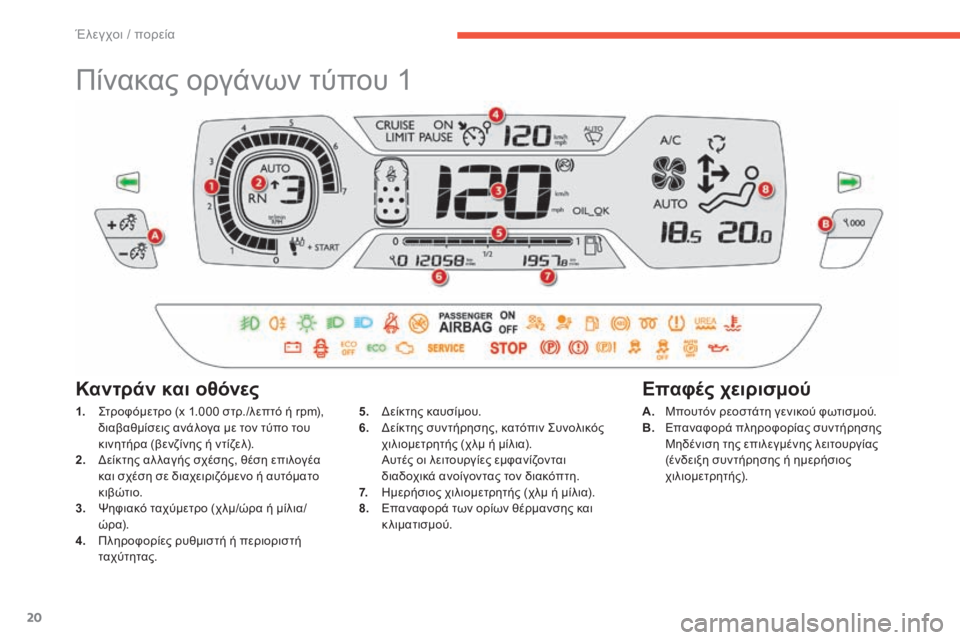 CITROEN C4 SPACETOURER 2015 ΟΔΗΓΌΣ ΧΡΉΣΗΣ (in Greek) 20
C4-Picasso-II_el_Chap01_controle-de-marche_ed01-2014
Πίνακας οργάνων τύπου 1
1. ςτροφόμετρο (x 1.000 στρ./λεπτό ή rpm), διαβαθμίσεις ανάλογ CITROEN C4 SPACETOURER 2015 ΟΔΗΓΌΣ ΧΡΉΣΗΣ (in Greek) 20
C4-Picasso-II_el_Chap01_controle-de-marche_ed01-2014
Πίνακας οργάνων τύπου 1
1. ςτροφόμετρο (x 1.000 στρ./λεπτό ή rpm), διαβαθμίσεις ανάλογ