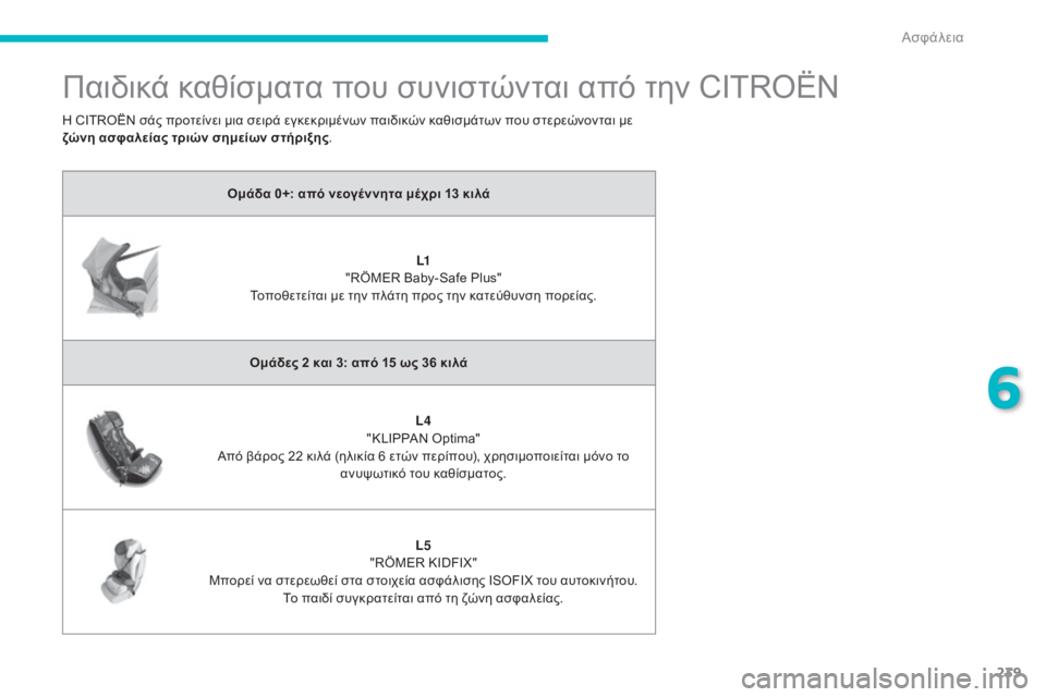 CITROEN C4 SPACETOURER 2015 ΟΔΗΓΌΣ ΧΡΉΣΗΣ (in Greek) 239
Παιδικά καθίσματα που συνιστώνται από την CITROËN
Ομάδα 0+: από νεογέννητα μέχρι 13 κιλάL1
"RÖMER Baby-Safe Plus"
Τοπ CITROEN C4 SPACETOURER 2015 ΟΔΗΓΌΣ ΧΡΉΣΗΣ (in Greek) 239
Παιδικά καθίσματα που συνιστώνται από την CITROËN
Ομάδα 0+: από νεογέννητα μέχρι 13 κιλάL1
"RÖMER Baby-Safe Plus"
Τοπ
