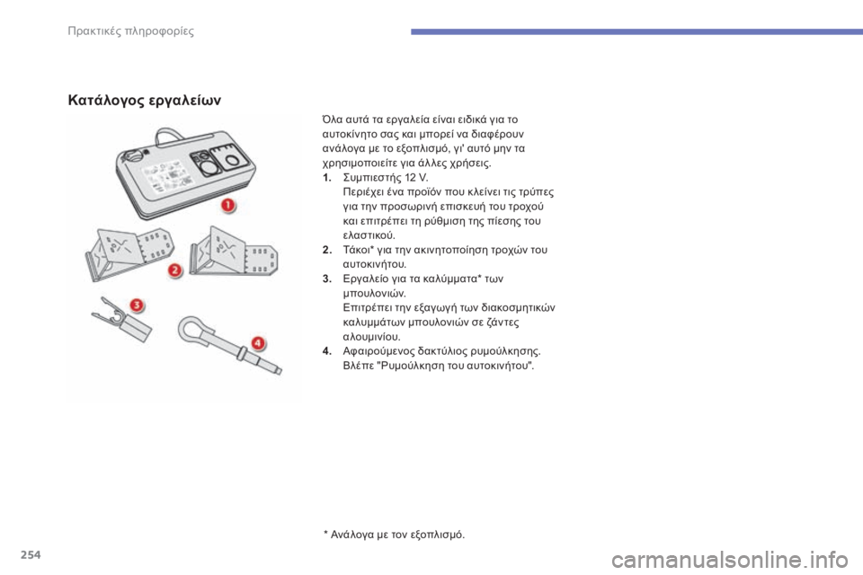 CITROEN C4 SPACETOURER 2015 ΟΔΗΓΌΣ ΧΡΉΣΗΣ (in Greek) 254
C4-Picasso-II_el_Chap07_info-pratiques_ed01-2014
Κατάλογος εργαλείων
* Ανάλογα με τον εξοπλισμό.
Όλα αυτά τα εργαλεία είναι ειδικ CITROEN C4 SPACETOURER 2015 ΟΔΗΓΌΣ ΧΡΉΣΗΣ (in Greek) 254
C4-Picasso-II_el_Chap07_info-pratiques_ed01-2014
Κατάλογος εργαλείων
* Ανάλογα με τον εξοπλισμό.
Όλα αυτά τα εργαλεία είναι ειδικ