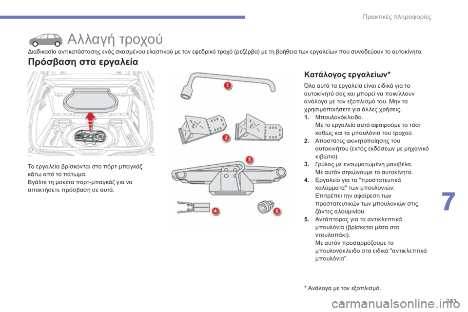 CITROEN C4 SPACETOURER 2015 ΟΔΗΓΌΣ ΧΡΉΣΗΣ (in Greek) 261
C4-Picasso-II_el_Chap07_info-pratiques_ed01-2014
Αλλαγή τροχού
Τα εργαλεία βρίσκονται στο πόρτ-μπαγκάζ
κάτω από το πάτωμα.
Βγάλτ CITROEN C4 SPACETOURER 2015 ΟΔΗΓΌΣ ΧΡΉΣΗΣ (in Greek) 261
C4-Picasso-II_el_Chap07_info-pratiques_ed01-2014
Αλλαγή τροχού
Τα εργαλεία βρίσκονται στο πόρτ-μπαγκάζ
κάτω από το πάτωμα.
Βγάλτ