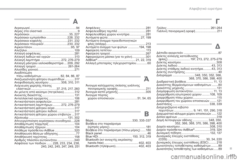 CITROEN C4 SPACETOURER 2015 ΟΔΗΓΌΣ ΧΡΉΣΗΣ (in Greek) 415
C4-Picasso-II_el_Chap11_index-alpha_ed01-2014
Αεραγωγοί .......................................................94
Αέρας στα ελαστικά ..................................... CITROEN C4 SPACETOURER 2015 ΟΔΗΓΌΣ ΧΡΉΣΗΣ (in Greek) 415
C4-Picasso-II_el_Chap11_index-alpha_ed01-2014
Αεραγωγοί .......................................................94
Αέρας στα ελαστικά .....................................