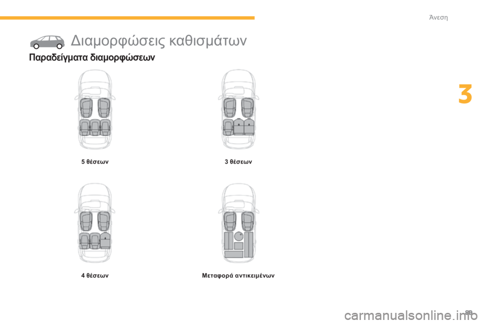 CITROEN C4 SPACETOURER 2015  ΟΔΗΓΌΣ ΧΡΉΣΗΣ (in Greek) 89
C4-Picasso-II_el_Chap03_confort_ed01-2014
διαμορφώσεις καθισμάτων
Παραδείγματα διαμορφώσεων
5 θέσεων
4 θέσεων3 θέσεων
Μεταφορ