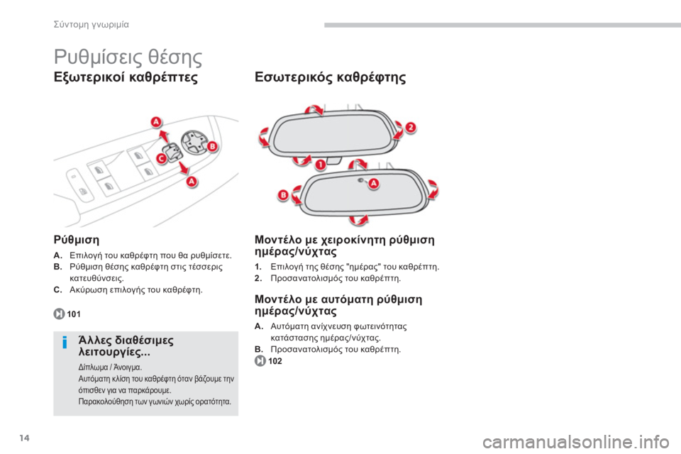 CITROEN C4 SPACETOURER 2014 ΟΔΗΓΌΣ ΧΡΉΣΗΣ (in Greek) 14
Σύντομη γνωριμία
Ρυθμίσεις θέσης
Εσωτερικός καθρέφτης
Μοντέλο με χειροκίνητη ρύθμισηημέρας/νύχτας
CITROEN C4 SPACETOURER 2014 ΟΔΗΓΌΣ ΧΡΉΣΗΣ (in Greek) 14
Σύντομη γνωριμία
Ρυθμίσεις θέσης
Εσωτερικός καθρέφτης
Μοντέλο με χειροκίνητη ρύθμισηημέρας/νύχτας