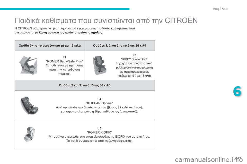 CITROEN C4 SPACETOURER 2014 ΟΔΗΓΌΣ ΧΡΉΣΗΣ (in Greek) 247
6
Ασφάλεια
Παιδικά καθίσματα που συνιστώνται από την CITROËN
Ομάδα 0+: από νεογέννητα μέχρι 13 κιλάΟ CITROEN C4 SPACETOURER 2014 ΟΔΗΓΌΣ ΧΡΉΣΗΣ (in Greek) 247
6
Ασφάλεια
Παιδικά καθίσματα που συνιστώνται από την CITROËN
Ομάδα 0+: από νεογέννητα μέχρι 13 κιλάΟ