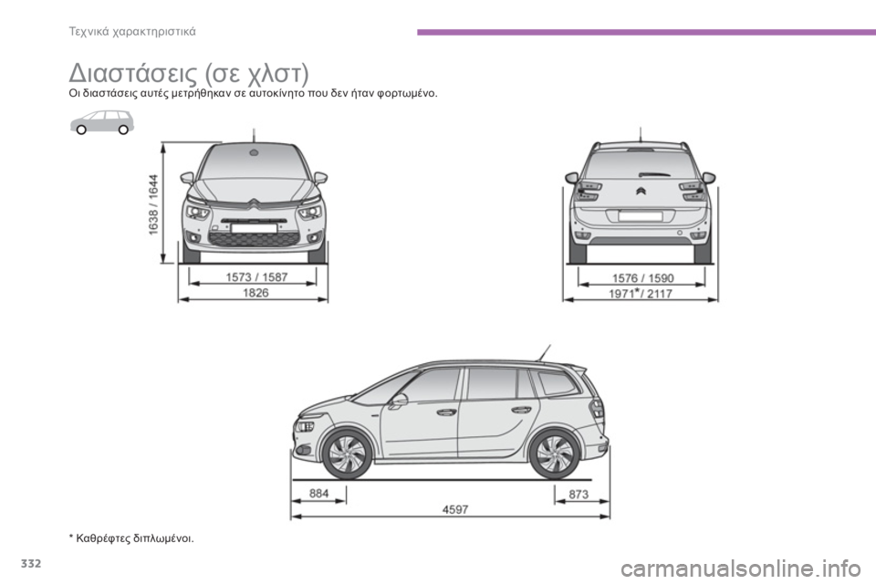 CITROEN C4 SPACETOURER 2014  ΟΔΗΓΌΣ ΧΡΉΣΗΣ (in Greek) 332
Τε χ ν ι κ ά χαρακτηριστικά
 
 
 
 
 
Διαστάσεις (σε χλστ) Οι διαστάσεις αυτές μετρήθηκαν σε αυτοκίνητο που δεν ή