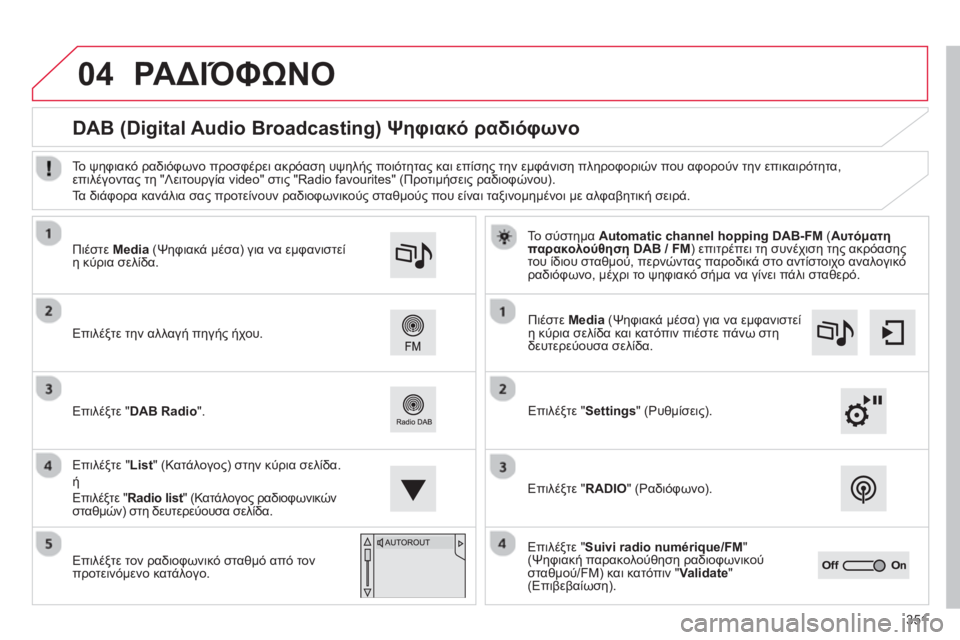 CITROEN C4 SPACETOURER 2014  ΟΔΗΓΌΣ ΧΡΉΣΗΣ (in Greek) 351
04ΡΑΔΙΌΦΩΝΟ 
 
 
 
 
 
 
 
 
 
 
DAB (Digital Audio Broadcasting) Ψηφιακό ραδιόφωνο 
Το σύστημαAutomatic channel hopping DAB-FM ( 
Αυτόματηπαρακολ