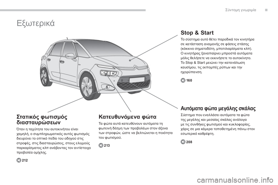 CITROEN C4 SPACETOURER 2014  ΟΔΗΓΌΣ ΧΡΉΣΗΣ (in Greek) .
5
Σύντομη γνωριμία
 
Εξωτερικά 
Κατευθυνόμενα φώτα
Τα φώτα αυτά κατευθύνουν αυτόματα τη
φωτεινή δέσμη των πρ