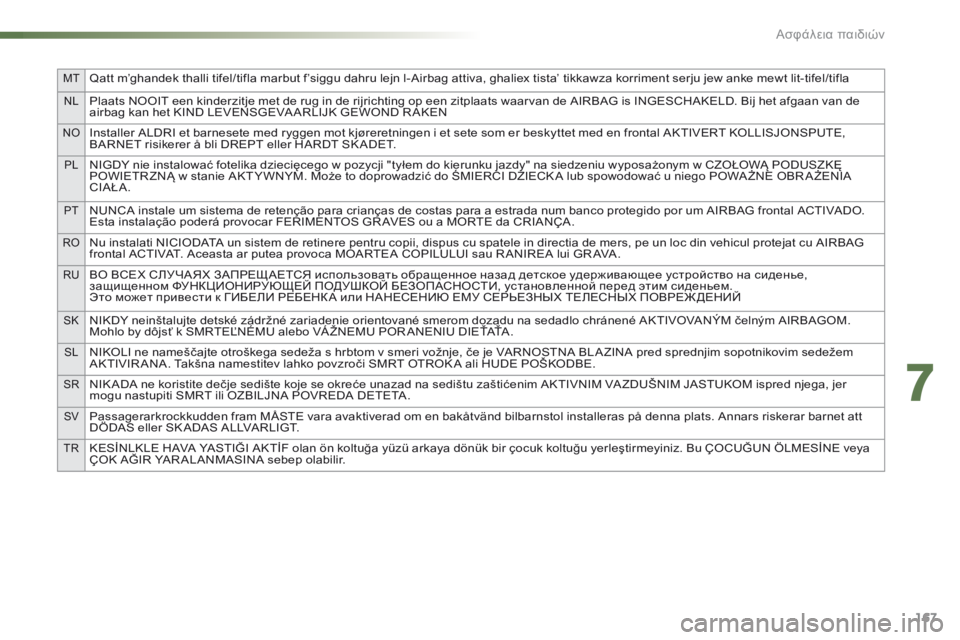 CITROEN C5 2016  ΟΔΗΓΌΣ ΧΡΉΣΗΣ (in Greek) MTQatt m’ghandek thalli tifel/tifla marbut f’siggu dahru lejn l-Airbag attiva, ghaliex tista’ tikkawza korriment serju jew anke mewt lit-tifel/tifla
NLPlaats NOOIT een kinderzitje met de rug in 