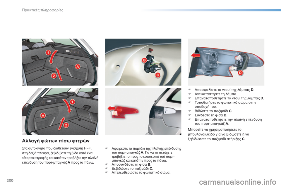 CITROEN C5 2016  ΟΔΗΓΌΣ ΧΡΉΣΗΣ (in Greek) 200
C5_el_Chap08_information_ed01-2015
Αλλαγή φώτων πίσω φτερών
F Αφαιρέστε το πορτάκι της πλαϊνής επένδυσης 
του πορτ-μπαγκάζ A