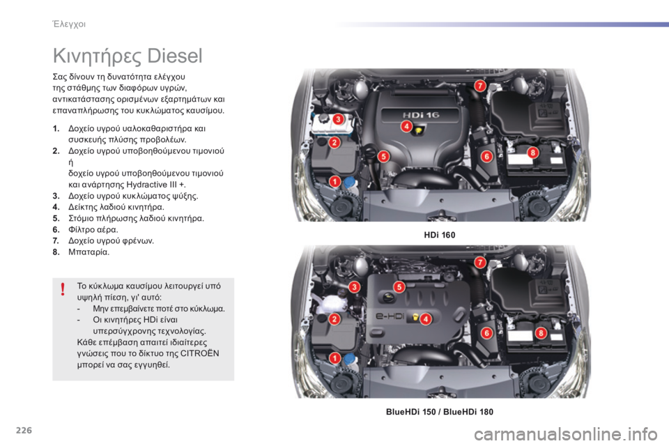 CITROEN C5 2016  ΟΔΗΓΌΣ ΧΡΉΣΗΣ (in Greek) 226
C5_el_Chap09_verification_ed01-2015
Κινητήρες Diesel
HDi 160
BlueHDi 150 / BlueHDi 180
ς
ας δίνουν τη δυνατότητα ελέγχου 
της στάθμης των διαφ