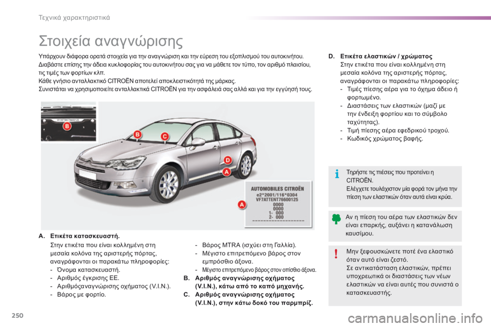 CITROEN C5 2016  ΟΔΗΓΌΣ ΧΡΉΣΗΣ (in Greek) 250
C5_el_Chap10_caracteristique_ed01-2015
ςτοιχεία αναγνώρισης
Υπάρχουν διάφορα ορατά στοιχεία για την αναγ νώριση και την εύρ