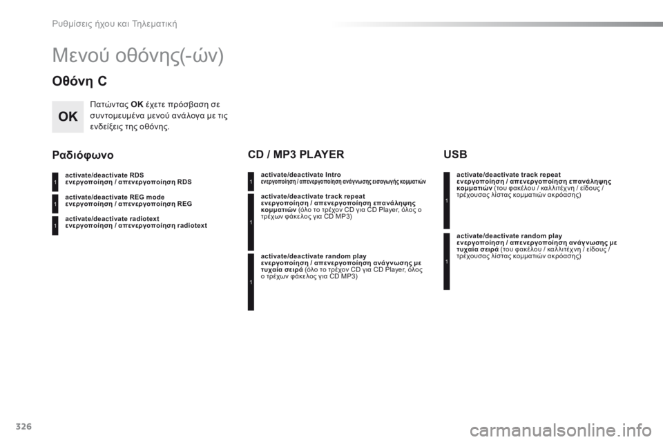 CITROEN C5 2016  ΟΔΗΓΌΣ ΧΡΉΣΗΣ (in Greek) 326
C5_el_Chap11c_RD45_ed01-2015
Μενού οθόνης(-ών)
Οθόνη C
Πατώντας OK έχετε πρόσβαση σε 
συντομευμένα μενού ανάλογα με τις 
εν