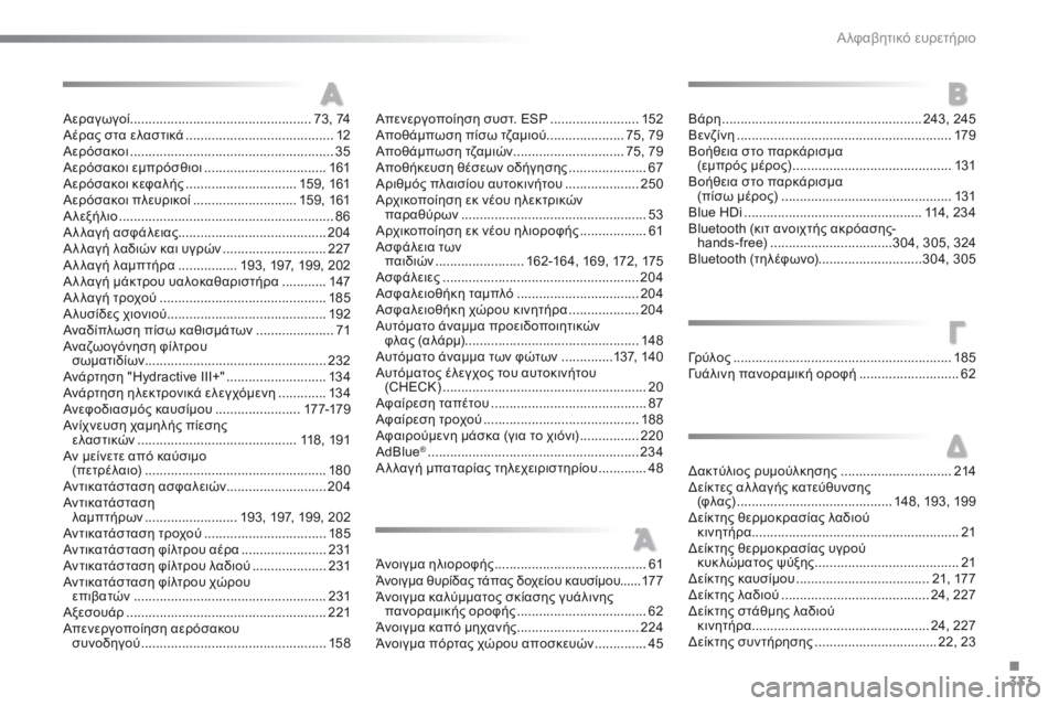 CITROEN C5 2016  ΟΔΗΓΌΣ ΧΡΉΣΗΣ (in Greek) 333
C5_el_Chap12_index-alpha_ed01-2015
Αεραγωγοί ................................................. 73, 74
Αέρας στα ελαστικά  ........................................ 12
Αε