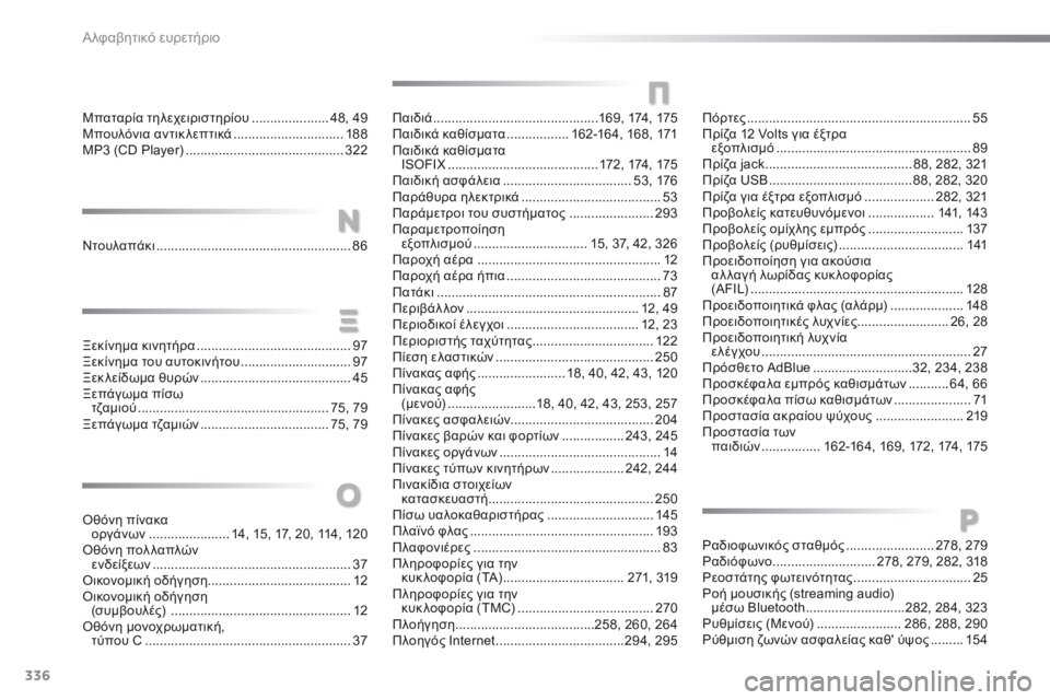 CITROEN C5 2016  ΟΔΗΓΌΣ ΧΡΉΣΗΣ (in Greek) 336
C5_el_Chap12_index-alpha_ed01-2015
Μπαταρία τηλεχειριστηρίου ..................... 48, 49
Μπουλόνια αντικ λεπτικά  ..............................188
MP