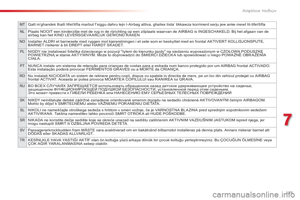 CITROEN C5 2015 ΟΔΗΓΌΣ ΧΡΉΣΗΣ (in Greek) MTQatt m’ghandek thalli tifel/tifla marbut f’siggu dahru lejn l-Airbag attiva, ghaliex tista’ tikkawza korriment serju jew anke mewt lit-tifel/tifla
NLPlaats NOOIT een kinderzitje met de rug in CITROEN C5 2015 ΟΔΗΓΌΣ ΧΡΉΣΗΣ (in Greek) MTQatt m’ghandek thalli tifel/tifla marbut f’siggu dahru lejn l-Airbag attiva, ghaliex tista’ tikkawza korriment serju jew anke mewt lit-tifel/tifla
NLPlaats NOOIT een kinderzitje met de rug in