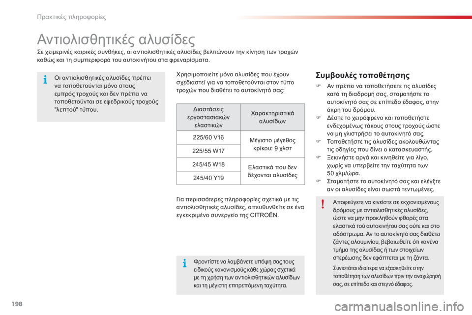 CITROEN C5 2015 ΟΔΗΓΌΣ ΧΡΉΣΗΣ (in Greek) 198
C5_el_Chap08_information_ed01-2014
Αντιολισθητικές αλυσίδες
ςε χειμερινές καιρικές συνθήκες, οι αντιολισθητικές αλυσίδες CITROEN C5 2015 ΟΔΗΓΌΣ ΧΡΉΣΗΣ (in Greek) 198
C5_el_Chap08_information_ed01-2014
Αντιολισθητικές αλυσίδες
ςε χειμερινές καιρικές συνθήκες, οι αντιολισθητικές αλυσίδες