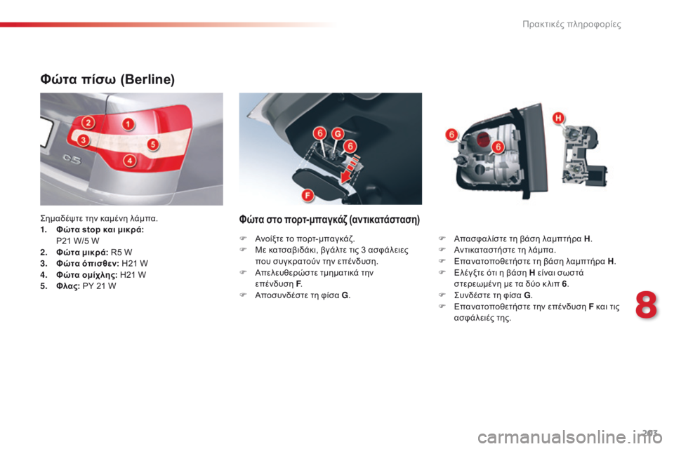 CITROEN C5 2015 ΟΔΗΓΌΣ ΧΡΉΣΗΣ (in Greek) 203
C5_el_Chap08_information_ed01-2014
Φώτα πίσω (Berline)
ςημαδέψτε την καμένη λάμπα.
1. Φώτα stop και μικρά:
P21 W/5 W
2.
Φ
ώτα μικρά: R5 W
3. CITROEN C5 2015 ΟΔΗΓΌΣ ΧΡΉΣΗΣ (in Greek) 203
C5_el_Chap08_information_ed01-2014
Φώτα πίσω (Berline)
ςημαδέψτε την καμένη λάμπα.
1. Φώτα stop και μικρά:
P21 W/5 W
2.
Φ
ώτα μικρά: R5 W
3.