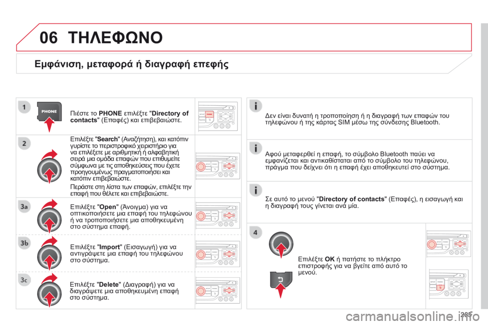 CITROEN C5 2015 ΟΔΗΓΌΣ ΧΡΉΣΗΣ (in Greek) 06
285
C5_el_Chap11b_RT6-2-8_ed01-2014
Εμφάνιση, μεταφορά ή διαγραφή επεφής
Πιέστε το PHONE επιλέξτε "Directory of
contacts" (Επαφές) κα CITROEN C5 2015 ΟΔΗΓΌΣ ΧΡΉΣΗΣ (in Greek) 06
285
C5_el_Chap11b_RT6-2-8_ed01-2014
Εμφάνιση, μεταφορά ή διαγραφή επεφής
Πιέστε το PHONE επιλέξτε "Directory of
contacts" (Επαφές) κα