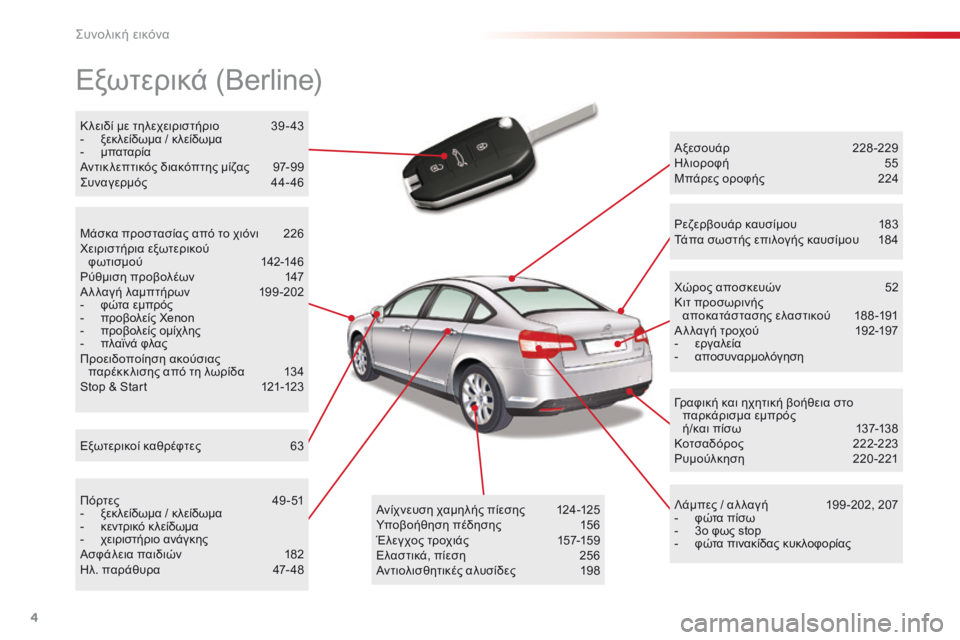 CITROEN C5 2015  ΟΔΗΓΌΣ ΧΡΉΣΗΣ (in Greek) 4
C5_el_Chap00b_vue-ensemble_ed01-2014
Εξωτερικά (Berline)
Αξεσουάρ 228-229ηλ
ιοροφή  5 5
Μπάρες οροφής
 
2
 24
Λάμπες / αλ λαγή
 
1
 99 -202, 207
-
 
