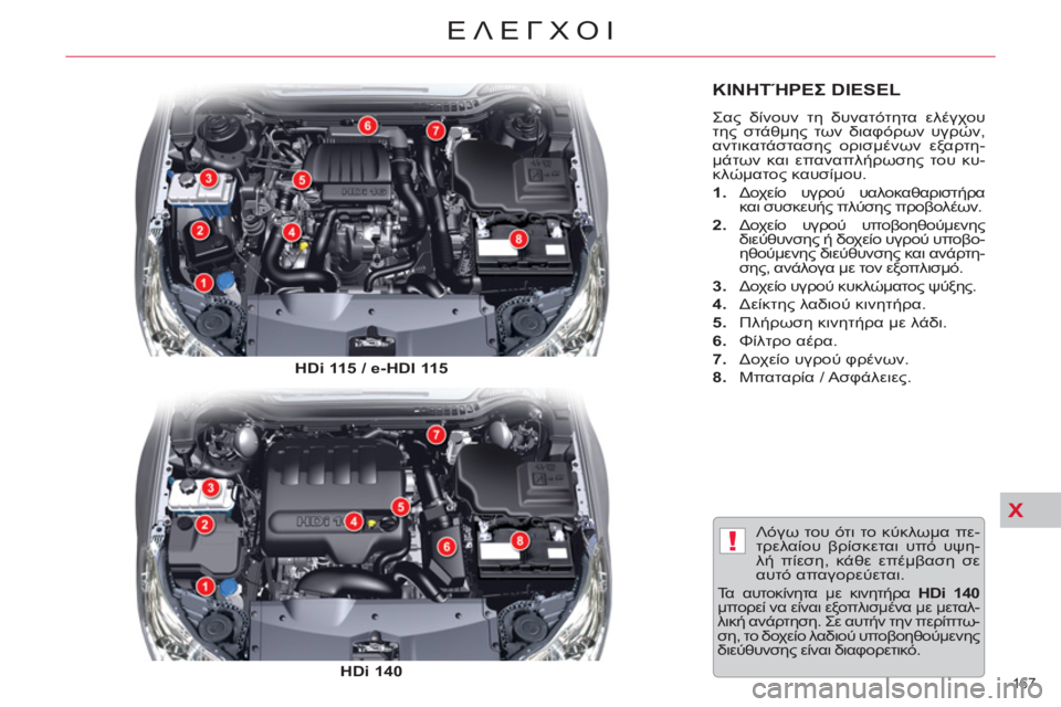 CITROEN C5 2014  ΟΔΗΓΌΣ ΧΡΉΣΗΣ (in Greek) X
!
167 
ΕΛΕΓΧΟΙ
ΚΙΝΗΤΉΡΕΣ DIESEL
 
Σας δίνουν τη δυνατότητα ελέγχου 
της στάθμης των διαφόρων υγρών, 
αντικατάσταση