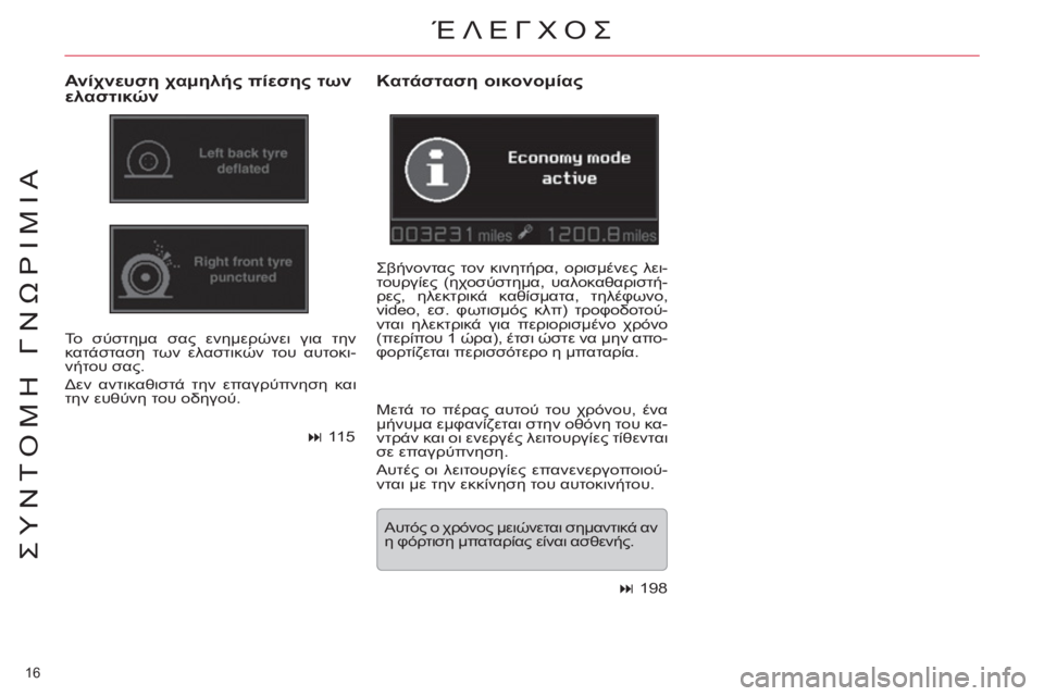 CITROEN C5 2014  ΟΔΗΓΌΣ ΧΡΉΣΗΣ (in Greek) 16 
ΣΥΝΤΟΜΗ ΓΝΩΡΙΜΙΑ
 ΈΛΕΓΧΟΣ
 
 
Ανίχνευση χαμηλής πίεσης των 
ελαστικών 
 
Το σύστημα σας ενημερώνει για την 
κα