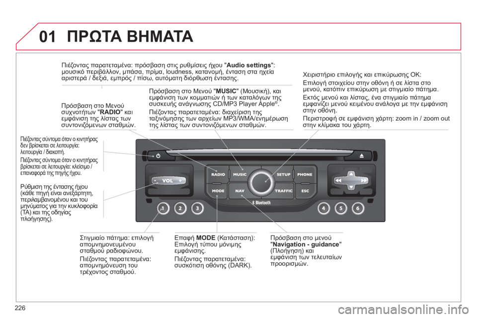 CITROEN C5 2014 ΟΔΗΓΌΣ ΧΡΉΣΗΣ (in Greek) 226
01 ΠΡΩΤΑ ΒΗΜΑΤΑ
Πρόσβαση στο μενού
" Navigation - guidance"(Πλοήγηση) και εμφάνιση των τελευταίων προορισμών.
Πιέζο CITROEN C5 2014 ΟΔΗΓΌΣ ΧΡΉΣΗΣ (in Greek) 226
01 ΠΡΩΤΑ ΒΗΜΑΤΑ
Πρόσβαση στο μενού
" Navigation - guidance"(Πλοήγηση) και εμφάνιση των τελευταίων προορισμών.
Πιέζο