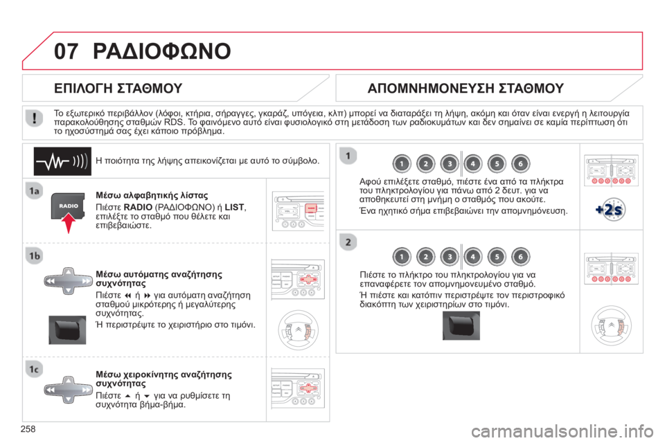 CITROEN C5 2014  ΟΔΗΓΌΣ ΧΡΉΣΗΣ (in Greek) 258
07ΡΑΔΙΟΦΩΝΟ 
Μέσω αλφαβητικής λίστας
Πιέστε RADIO 
 (ΡΑΔΙΟΦΩΝΟ) ή  LIST 
,
επιλέξτε το σταθμό που θέλετε και
επιβεβ
