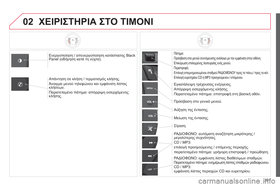 CITROEN C5 2014  ΟΔΗΓΌΣ ΧΡΉΣΗΣ (in Greek) 281
02
MENU
LIST
ΧΕΙΡΙΣΤΗΡΙΑ ΣΤΟ ΤΙΜΟΝΙ
 
 
Πάτημα: 
Πρόσβαση στα μενού συντόμευσης ανάλογα με την εμφάνιση στην οθόνη