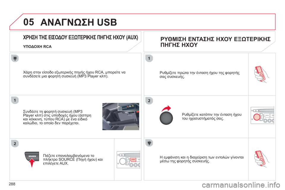 CITROEN C5 2014 ΟΔΗΓΌΣ ΧΡΉΣΗΣ (in Greek) 288
05
Η εμφάνιση και η διαχείριση των εντολών γίνονται
μέσω της φορητής συσκευής. Ρυ
θμίζετε πρώτα την ένταση CITROEN C5 2014 ΟΔΗΓΌΣ ΧΡΉΣΗΣ (in Greek) 288
05
Η εμφάνιση και η διαχείριση των εντολών γίνονται
μέσω της φορητής συσκευής. Ρυ
θμίζετε πρώτα την ένταση