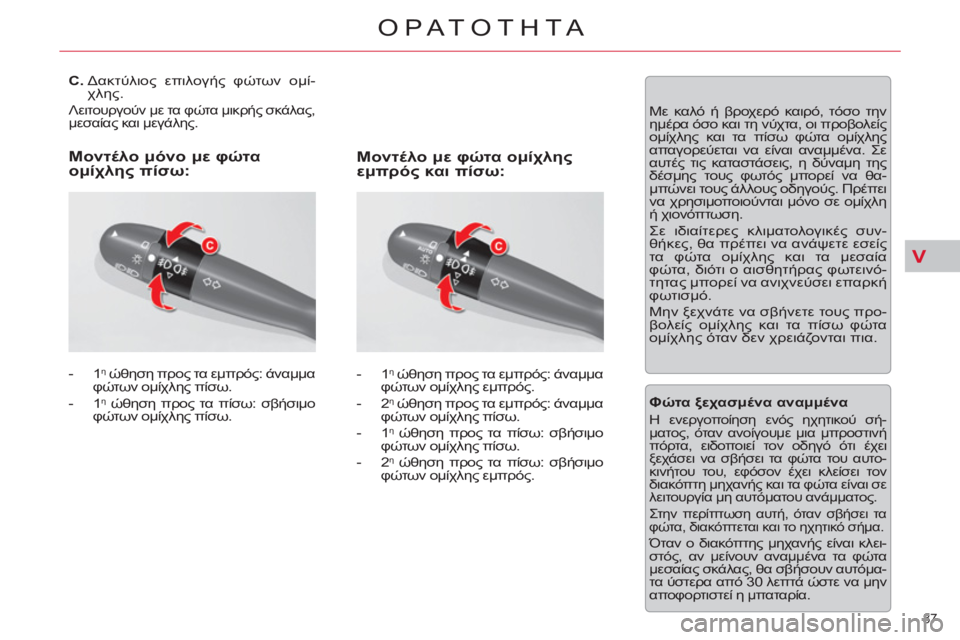 CITROEN C5 2014  ΟΔΗΓΌΣ ΧΡΉΣΗΣ (in Greek) V
87 
ΟΡΑΤΟΤΗΤΑ
   
 
 
 
 
 
 
 
 
C. 
  Δακτύλιος επιλογής φώτων ομί-
χλης. 
 
Λειτουργούν με τα φώτα μικρής σκάλας, 
μεσαί