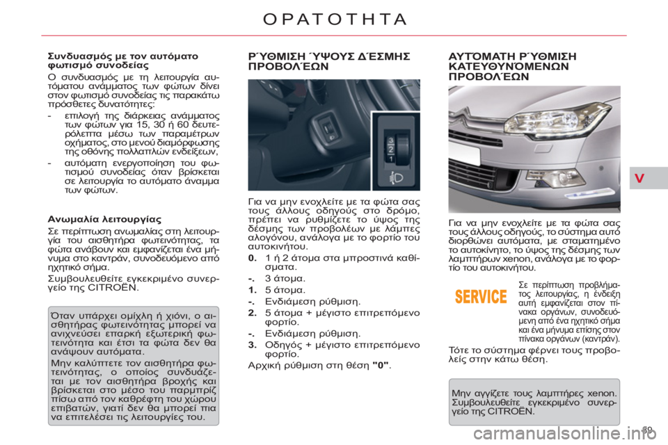 CITROEN C5 2014 ΟΔΗΓΌΣ ΧΡΉΣΗΣ (in Greek) V
89
ΟΡΑΤΟΤΗΤΑ
Συνδυασμός με τον αυτόματο
φωτισμό συνοδείας
Ο συνδυασμός με τη λειτουργία αυ-
τόματου ανά CITROEN C5 2014 ΟΔΗΓΌΣ ΧΡΉΣΗΣ (in Greek) V
89
ΟΡΑΤΟΤΗΤΑ
Συνδυασμός με τον αυτόματο
φωτισμό συνοδείας
Ο συνδυασμός με τη λειτουργία αυ-
τόματου ανά