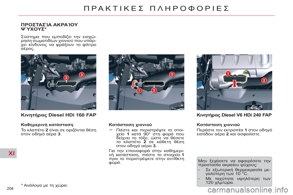 CITROEN C5 2012  ΟΔΗΓΌΣ ΧΡΉΣΗΣ (in Greek) XI
204 
ΠΡΑΚΤΙΚΕΣ ΠΛΗΡΟΦΟΡΙΕΣ
ΠΡΟΣΤΑΣΊΑ ΑΚΡΑΊΟΥ ΨΎΧΟΥΣ 
*  
 
Σύστημα που εμποδίζει την εισχώ-
ρηση σωματιδίων χιο