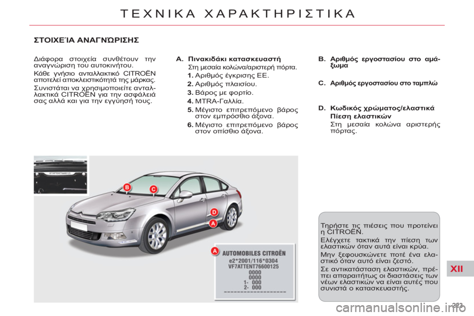 CITROEN C5 2012  ΟΔΗΓΌΣ ΧΡΉΣΗΣ (in Greek) XII
223 
ΤΕΧΝΙΚΑ ΧΑΡΑΚΤΗΡΙΣΤΙΚΑ
ΣΤΟΙΧΕΊΑ ΑΝΑΓΝΏΡΙΣΗΣ
 
Διάφορα στοιχεία συνθέτουν την 
αναγνώριση του αυτοκινήτ