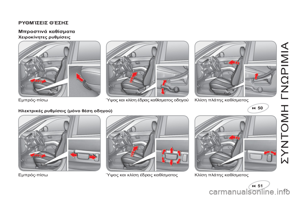 CITROEN C-CROSSER 2012  ΟΔΗΓΌΣ ΧΡΉΣΗΣ (in Greek) 11  
ΣΥΝΤ
Ο
ΜΗ ΓΝΩΡΙΜΙΑ
 
 
ΡΥΘΜΊΣΕΙΣ ΘΈΣΗΣ
�51  
 
 
 
 
Μπροστινά καθίσματα 
 
Εμπρός-πίσω Ύψος και κλίση έδρας καθίσ