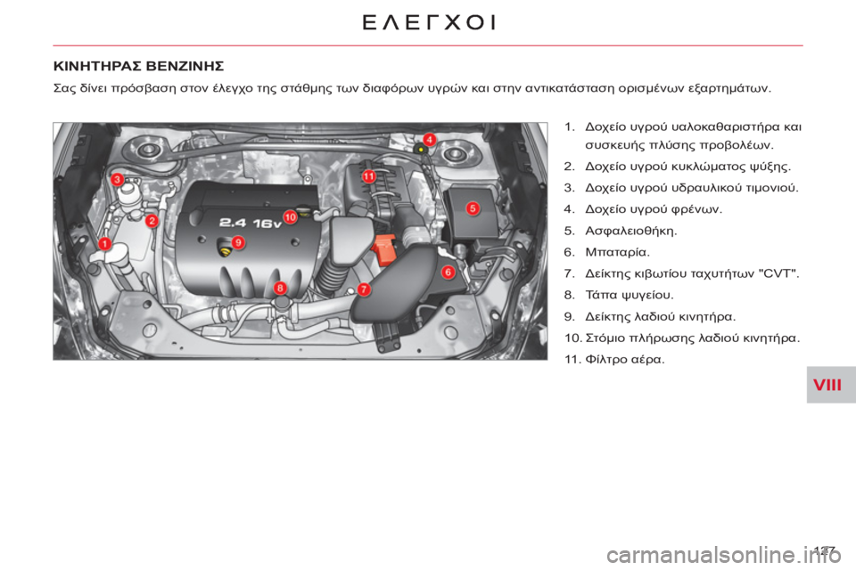 CITROEN C-CROSSER 2012  ΟΔΗΓΌΣ ΧΡΉΣΗΣ (in Greek) VIII
127 
ΚΙΝΗΤΗΡΑΣΒΕΝΖΙΝΗΣ
   
 
1.  Δοχείο υγρού υαλοκαθαριστήρα και 
συσκευής πλύσης προβολέων. 
   
2.  Δοχείο υγρού