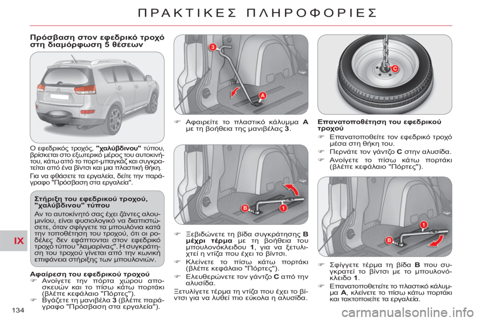 CITROEN C-CROSSER 2012  ΟΔΗΓΌΣ ΧΡΉΣΗΣ (in Greek) IX
ΠΡΑΚΤΙΚΕΣ ΠΛΗΡΟΦΟΡΙΕΣ
134
 
 
 
 
 
 
 
 
 
 
 
 
Πρόσβαση στον εφεδρικό τροχό
στη διαμόρφωση 5 θέσεων
 
Ο εφεδρικός τρο