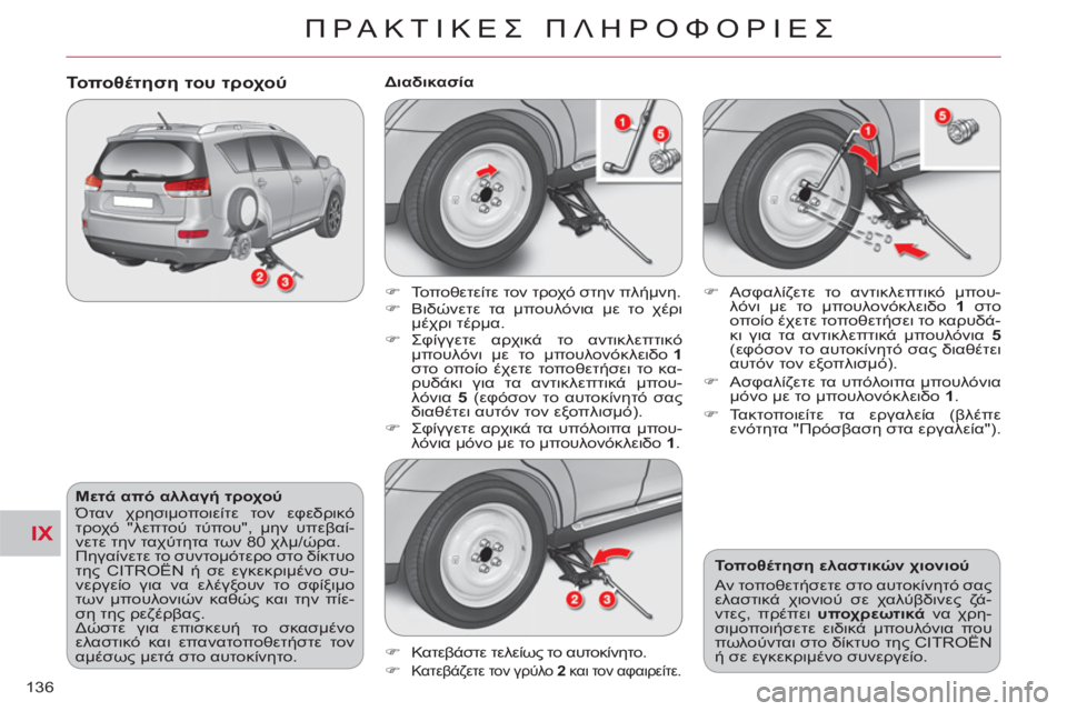 CITROEN C-CROSSER 2012  ΟΔΗΓΌΣ ΧΡΉΣΗΣ (in Greek) IX
ΠΡΑΚΤΙΚΕΣ ΠΛΗΡΟΦΟΡΙΕΣ
136
 
 
Μετά από αλλαγή τροχού 
  Όταν χρησιμοποιείτε τον εφεδρικό 
τροχό "λεπτού τύπου", 