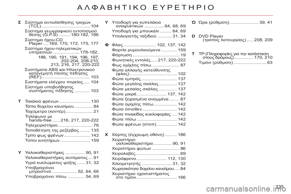 CITROEN C-CROSSER 2012 ΟΔΗΓΌΣ ΧΡΉΣΗΣ (in Greek) 233
ΑΛΦΑΒΗΤΙΚΟ ΕΥΡΕΤΗΡΙΟ
Υ Σύστημα αντιολίσθησης τροχών
(TCL) ..................................... 104
Σύστημα γεωγραφικού εντοπ CITROEN C-CROSSER 2012 ΟΔΗΓΌΣ ΧΡΉΣΗΣ (in Greek) 233
ΑΛΦΑΒΗΤΙΚΟ ΕΥΡΕΤΗΡΙΟ
Υ Σύστημα αντιολίσθησης τροχών
(TCL) ..................................... 104
Σύστημα γεωγραφικού εντοπ