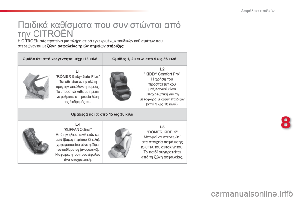 CITROEN C-ELYSÉE 2014 ΟΔΗΓΌΣ ΧΡΉΣΗΣ (in Greek) 113
8
Ασφάλεια παιδιών
Παιδικά καθίσματα που συνιστώνται από
την CITROËN
Ομάδα 0+: από νεογέννητα μέχρι 1 CITROEN C-ELYSÉE 2014 ΟΔΗΓΌΣ ΧΡΉΣΗΣ (in Greek) 113
8
Ασφάλεια παιδιών
Παιδικά καθίσματα που συνιστώνται από
την CITROËN
Ομάδα 0+: από νεογέννητα μέχρι 1