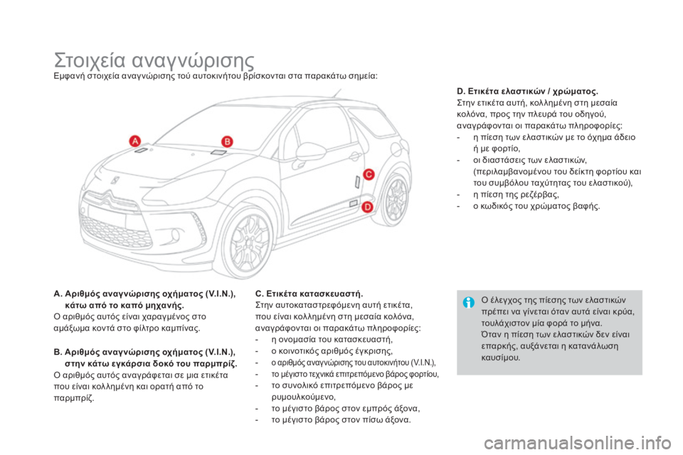 CITROEN DS3 2016 ΟΔΗΓΌΣ ΧΡΉΣΗΣ (in Greek) DS3_el_Chap10_caracteristiques_ed01-2015
Στοιχεία αναγνώρισηςΕμφανή στοιχεία αναγ νώρισης τού αυτοκινήτου βρίσκονται στα παρα CITROEN DS3 2016 ΟΔΗΓΌΣ ΧΡΉΣΗΣ (in Greek) DS3_el_Chap10_caracteristiques_ed01-2015
Στοιχεία αναγνώρισηςΕμφανή στοιχεία αναγ νώρισης τού αυτοκινήτου βρίσκονται στα παρα