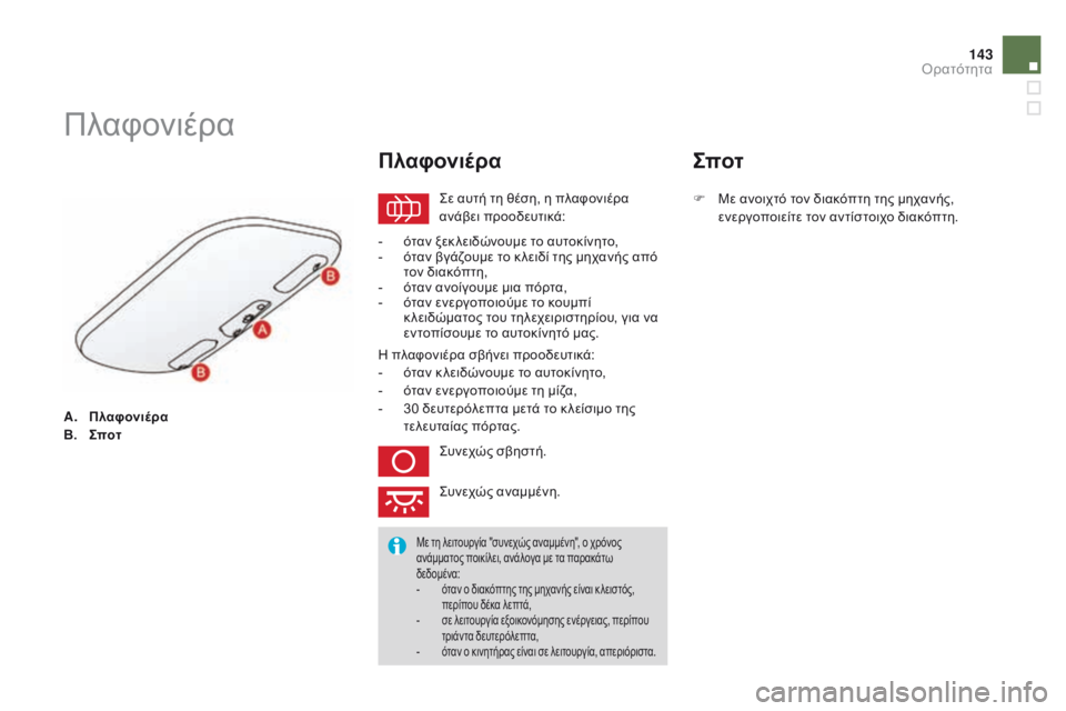 CITROEN DS3 2015 ΟΔΗΓΌΣ ΧΡΉΣΗΣ (in Greek) 143
DS3_el_Chap07_visibilite_ed01-2014
A. Πλαφονιέρα
B. Σποτ
Πλαφονιέρα
Σε αυτή τη θέση, η πλαφονιέρα
ανάβει προοδευτικά:
Πλαφον CITROEN DS3 2015 ΟΔΗΓΌΣ ΧΡΉΣΗΣ (in Greek) 143
DS3_el_Chap07_visibilite_ed01-2014
A. Πλαφονιέρα
B. Σποτ
Πλαφονιέρα
Σε αυτή τη θέση, η πλαφονιέρα
ανάβει προοδευτικά:
Πλαφον