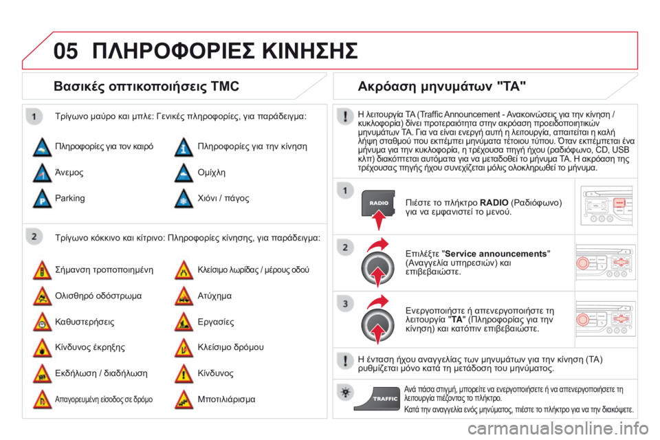 CITROEN DS3 2015 ΟΔΗΓΌΣ ΧΡΉΣΗΣ (in Greek) 05
DS3_el_Chap13b_RT6-2-8_ed01-2014
Βασικές οπτικοποιήσεις TMC
Τρίγωνο κόκκινο και κίτρινο: Πληροφορίες κίνησης, για παράδειγ CITROEN DS3 2015 ΟΔΗΓΌΣ ΧΡΉΣΗΣ (in Greek) 05
DS3_el_Chap13b_RT6-2-8_ed01-2014
Βασικές οπτικοποιήσεις TMC
Τρίγωνο κόκκινο και κίτρινο: Πληροφορίες κίνησης, για παράδειγ