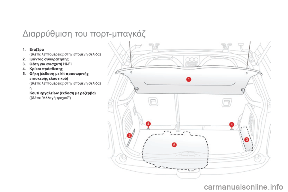 CITROEN DS3 2014  ΟΔΗΓΌΣ ΧΡΉΣΗΣ (in Greek) 1.    Εταζέρα       (βλέπε λεπτομέρειες στην επόμενη σελίδα) 2.    Ιμάντας συγκράτησης3.    Θέση για ενισχυτή Hi- Fi4.    Κρ