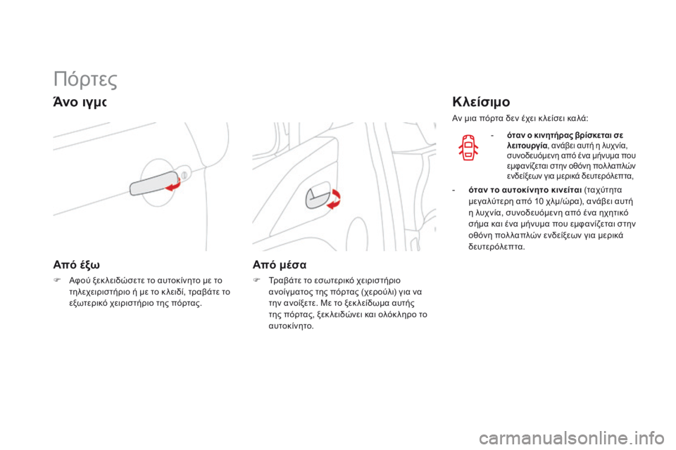 CITROEN DS3 2014  ΟΔΗΓΌΣ ΧΡΉΣΗΣ (in Greek)             Πόρτες 
  Ά ν ο ι γ μ α  
  Από έξω 
   Αφού ξεκ λειδώσετε το αυτοκίνητο με το τηλεχειριστήριο ή με το κ λειδ