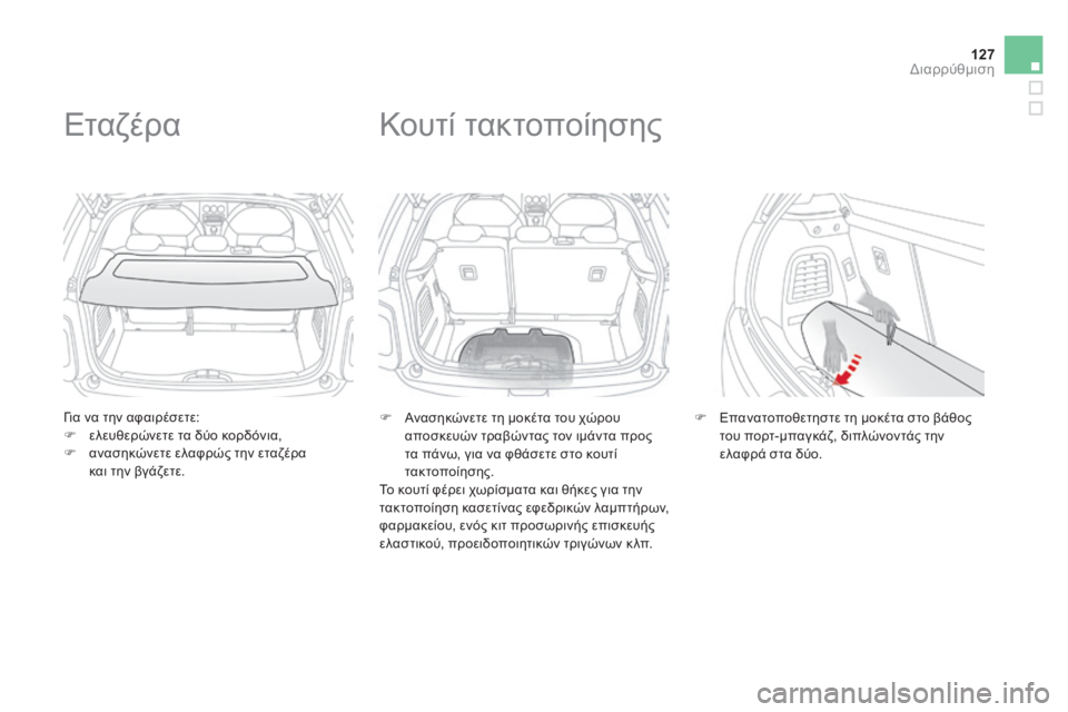 CITROEN DS3 2013  ΟΔΗΓΌΣ ΧΡΉΣΗΣ (in Greek) 127Διαρρύθμιση
  Για να την αφαιρέσετε:       ελευθερώνετε τα δύο κορδόνια,    ανασηκώνετε ελαφρώς την εταζέρα 