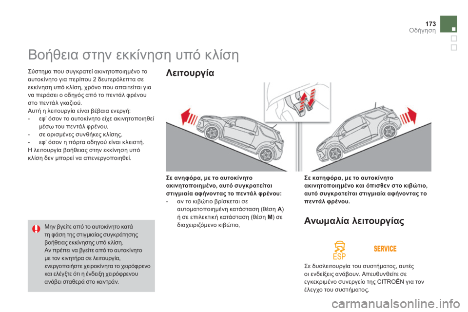CITROEN DS3 2013 ΟΔΗΓΌΣ ΧΡΉΣΗΣ (in Greek) 173Οδήγηση
Βοήθεια στην εκκίνηση υπό κλίση
Σύστημα που συγκρατεί ακινητοποιημένο το αυτοκίνητο για περί CITROEN DS3 2013 ΟΔΗΓΌΣ ΧΡΉΣΗΣ (in Greek) 173Οδήγηση
Βοήθεια στην εκκίνηση υπό κλίση
Σύστημα που συγκρατεί ακινητοποιημένο το αυτοκίνητο για περί